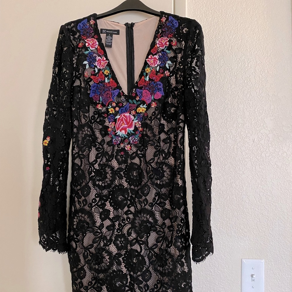 Anna Sui for INC black lace midi dress with floral detailing.